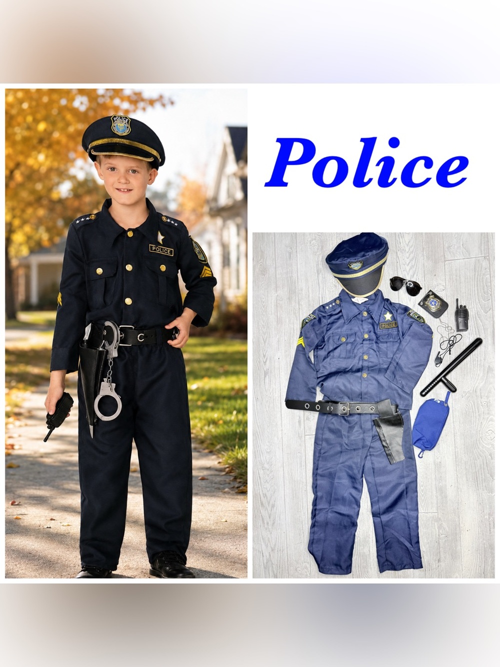 Police kids Halloween costume cosplay hat , pants , shirt , glasses ,scanner ect